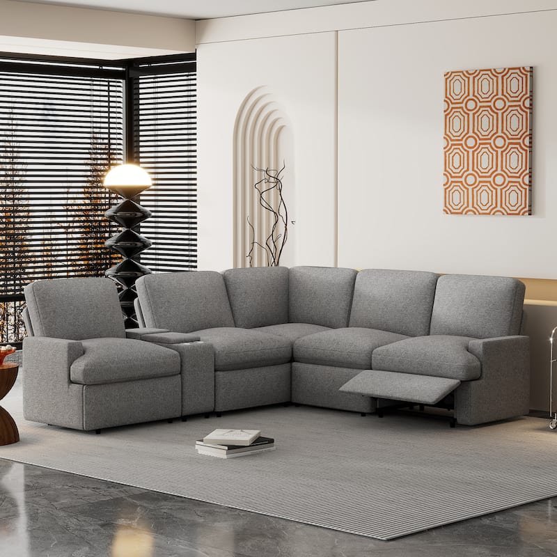 Power Recliner Corner Sofa Home Theater Reclining Sofa Sectional Couches with Storage Box, Cup Holders - Grey