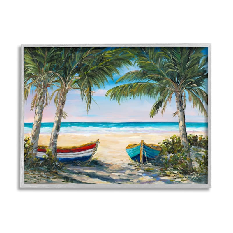 Stupell Row Boats on Beach Shore Tropical Palm Trees Framed Wall Art - 30 x 24 - Grey