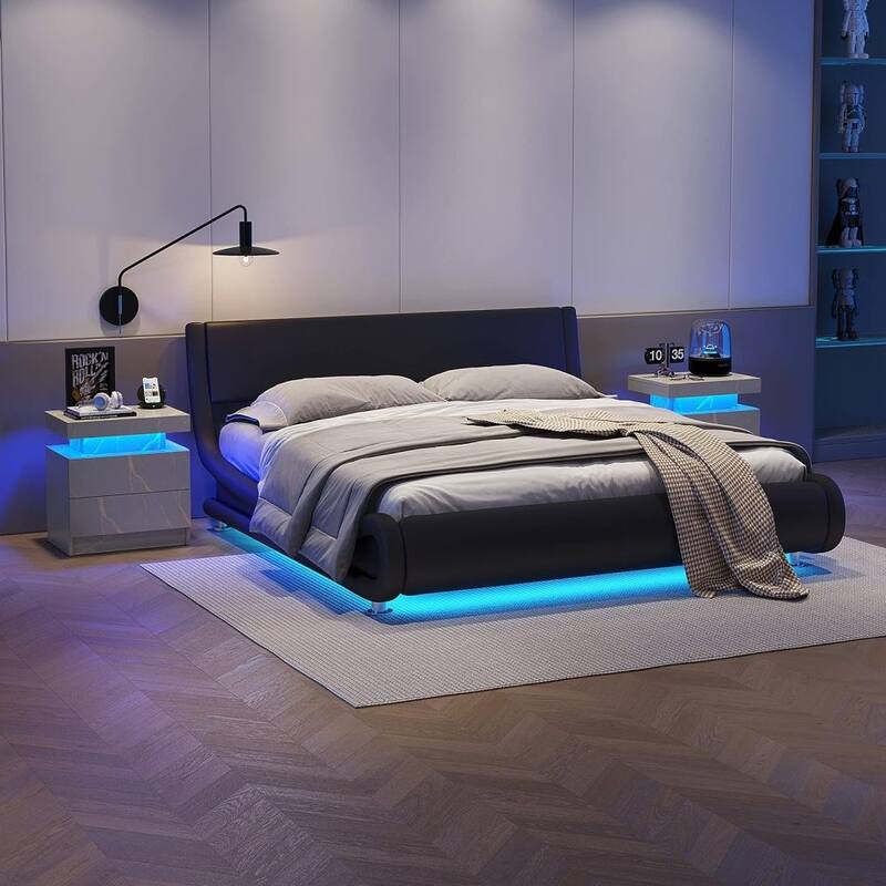Nightstand LED Bedside Table Cabinet Lights with 2 Drawers - Gray+Silver