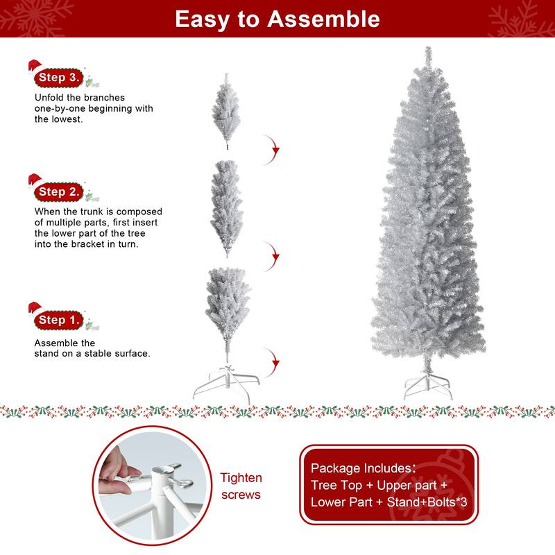 Glitzhome 7.5ft/9ft Shimmering Tinsel Pink Slim Pencil Fir Artificial Christmas Trees