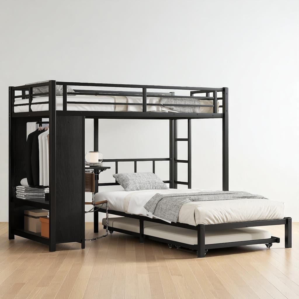 Metal Twin/Full/Queen Over Twin Bunk Bed with Trundle, Built-in Wardrobe, Foldable Desk, and Ladder, Black