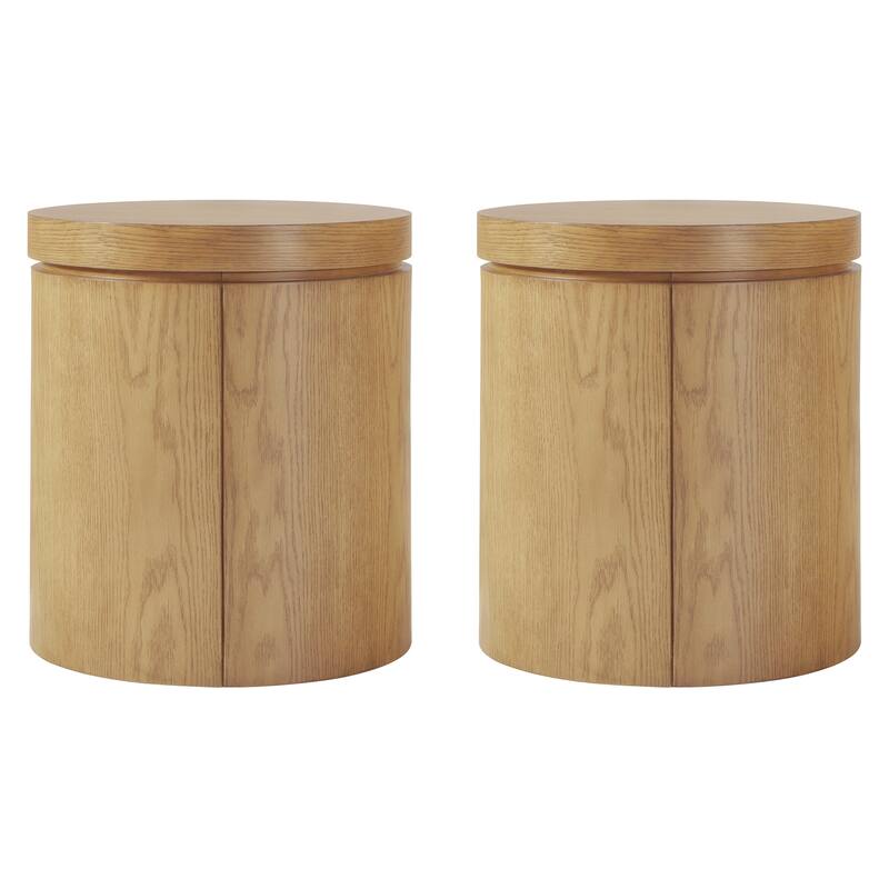 Walker Edison Modern Solid Oak Wood Round Side Tables with Storage (Set of 2)