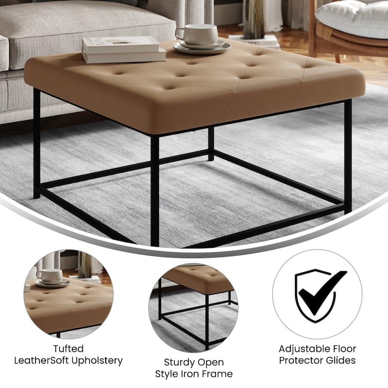 Tufted Square Faux Leather Ottoman with Iron Frame
