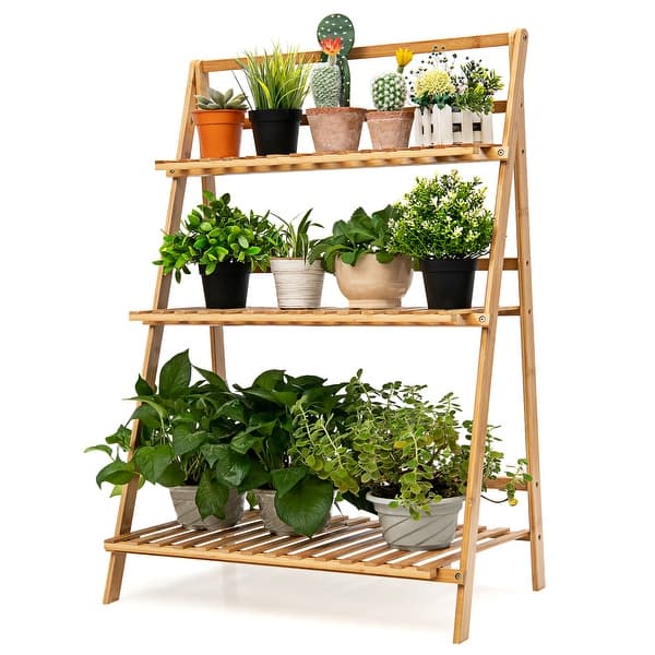 slide 2 of 9, Costway 3 Tier Outdoor Bamboo Flower Pot Shelf Stand Folding Display Brown