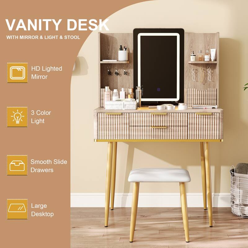 Fluted Vanity Desk with LED Lighted Mirror, 4 Drawers, Jewelry Storage & PU Stool, Modern Makeup Table with Metal Legs