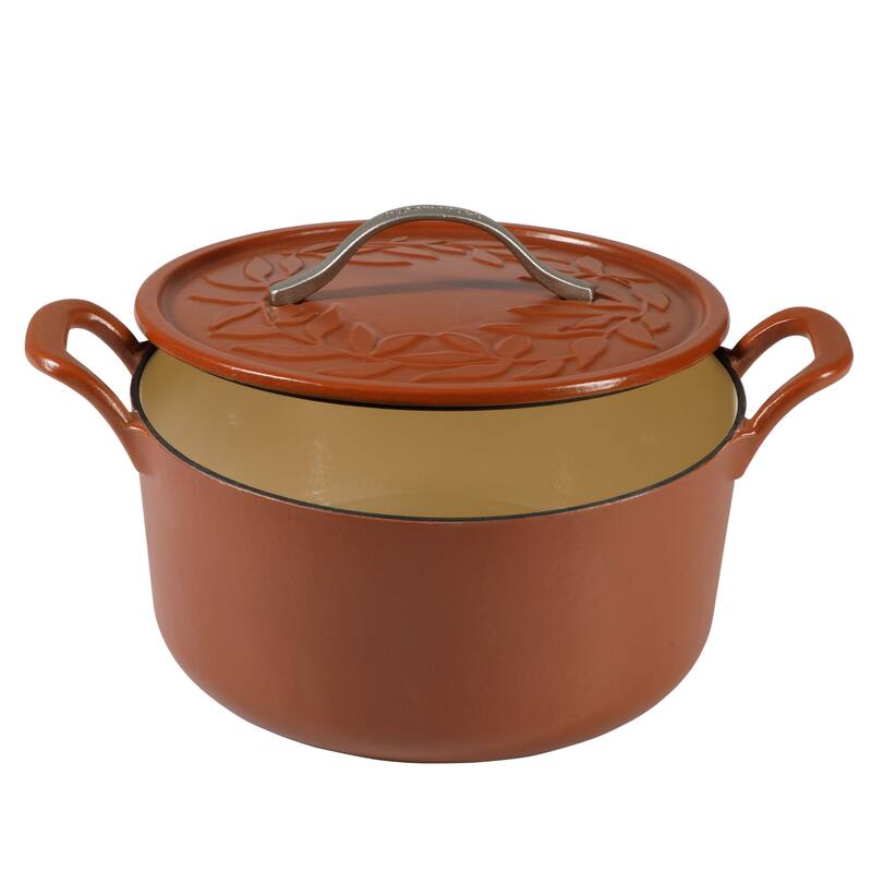 Bloomhouse 7 Qt Cast Iron Dutch Oven W/ Embossed Lid, European Matte Enamel, & Olive Wood Trivet