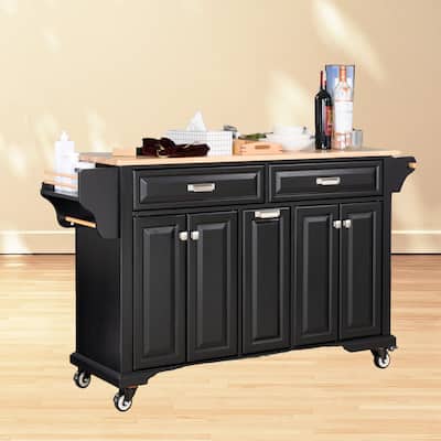 Rolling Kitchen Cart with Rubber Wood Top, 2 Large Drawers & Adjustable Shelves - Mobile Island on 5 Casters, Black