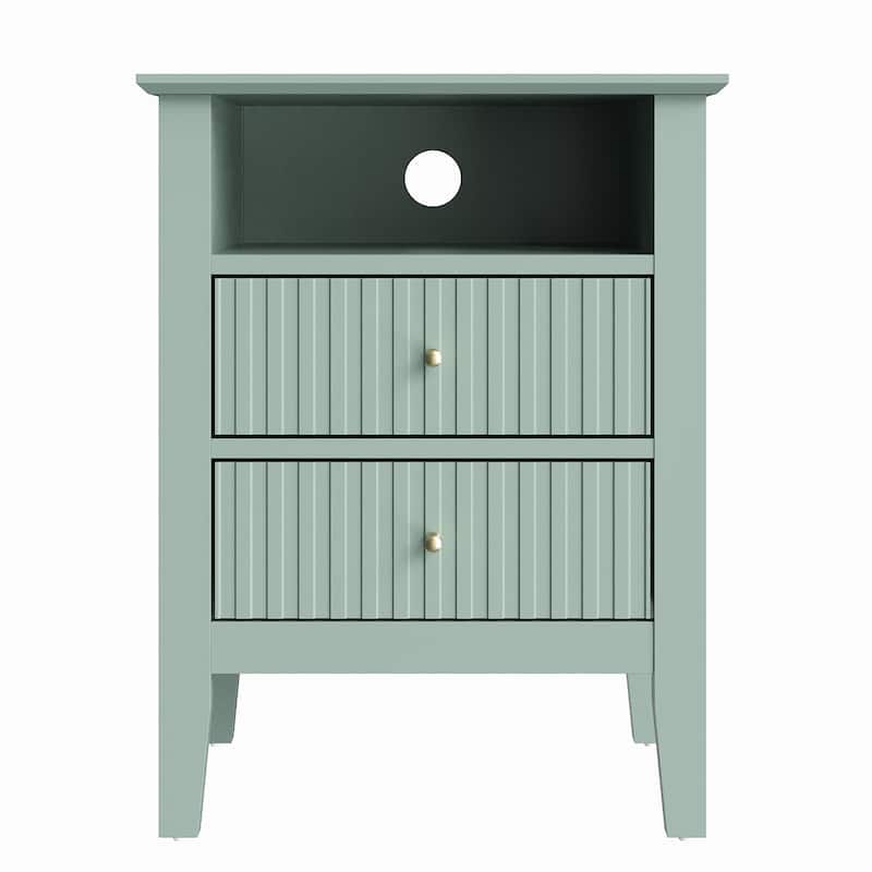 Modern Fluted Nightstand with 2 Drawers - Green