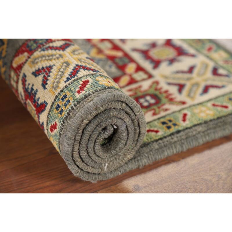 Geometric Kazak Foyer Rug Handmade Grey Wool Handmade Wool Carpet - 2'8" x 4'2"