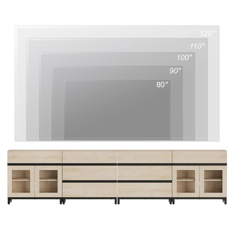 4-in-1 TV Stand for 120" TVs, Modern Console with Glass Doors & 8 Drawers