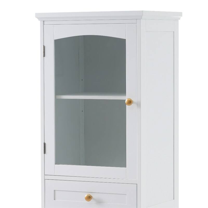 Freestanding Bathroom Cabinet with Glass Door and 2 Storage Drawers, Tall Storage Cabinet Floor Cabinet with Adjustable Shelves