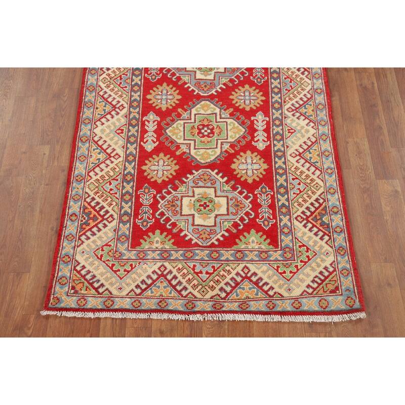 Geometric Red Kazak Oriental Accent Rug Handmade Wool Carpet - 3'4" x 5'1"