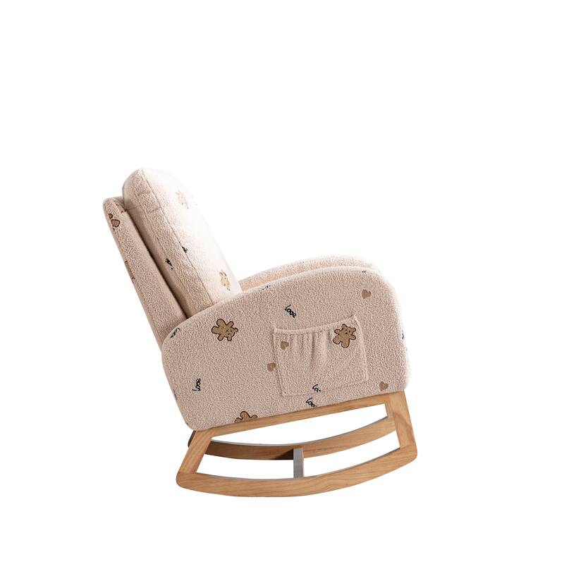 Rocking Chair with Side Pocket, Upholstered High Back Armchair with Solid Wood Legs, Leisure Chair with Padded Seat