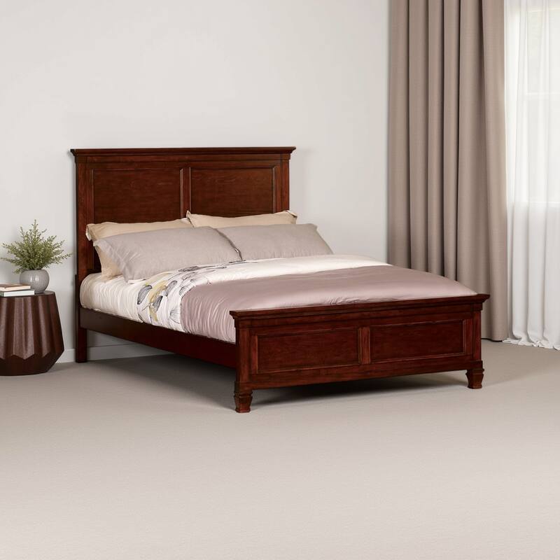 Umi Queen Size Bed, Classic Panel Design with Molded Details, Brown Wood
