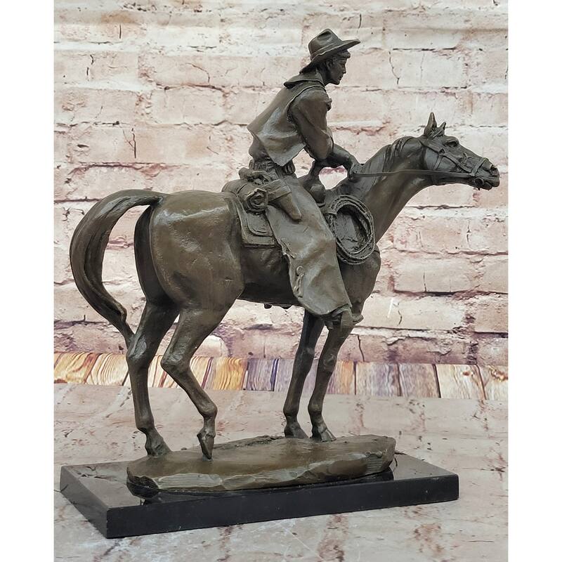 Cowboy On Horseback By Jim Ponter Bronze Statue Sculpture On Marble Base