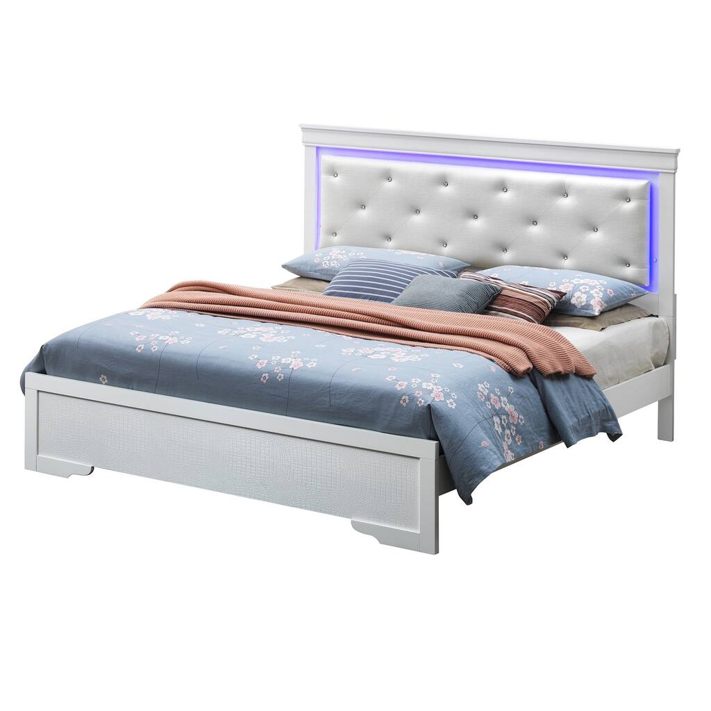Jeweled Tufted King Panel Bed with LED Lights - 85" - Silver Champagne