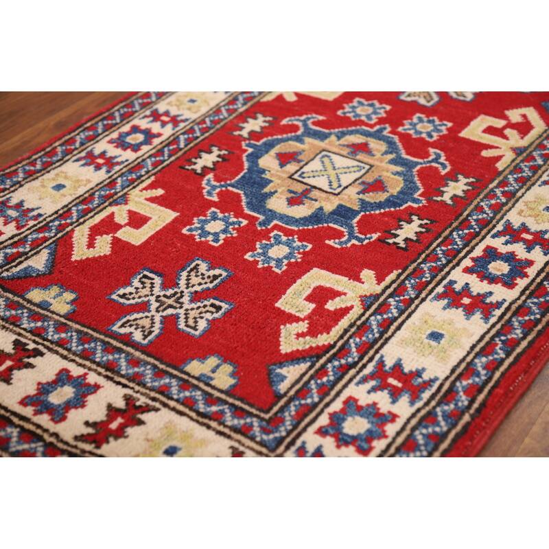 Geometric Kazak Rug Hand-Knotted Traditional Red Wool Carpet - 2'0"x 3'0"