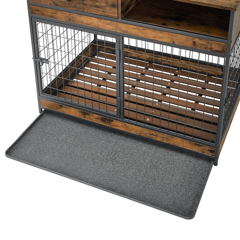 Roomfitters Dog Cage Crate with Two Doors and Drawer, Antique Brown