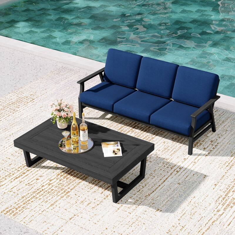 2-Piece Teak Outdoor Sofa Set with Table - Navy/coffee table - Black Wood