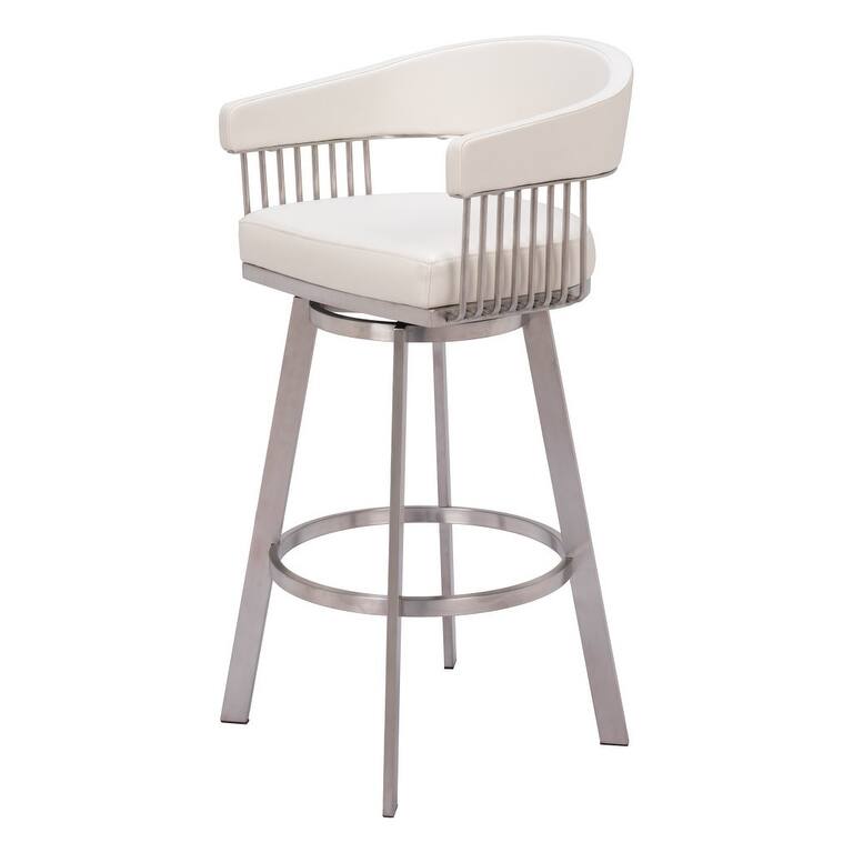 31" White And Silver Faux Leather And Stainless Steel Bar Height Swivel Bar Chair