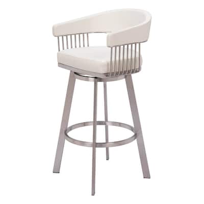 Modern White Faux Leather Bar Height Swivel Chair with Silver Stainless Steel Frame - 20.5" x 22.4" x 39.8"