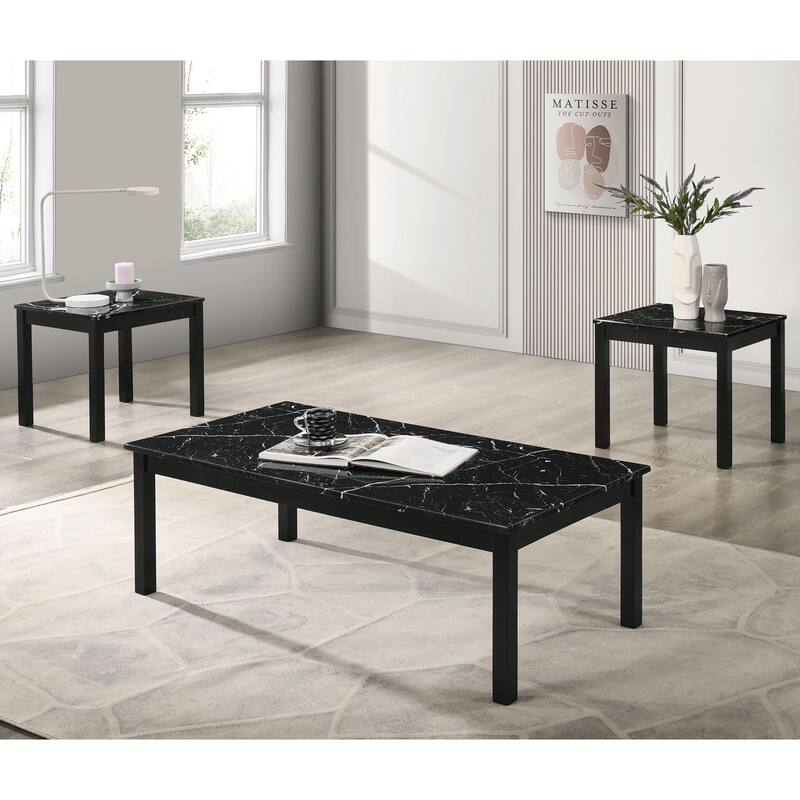 Furniture of America Sonnet Modern 3-Piece Wood Coffee Table Set with 2 End Tables - Black Faux Marble - Marble