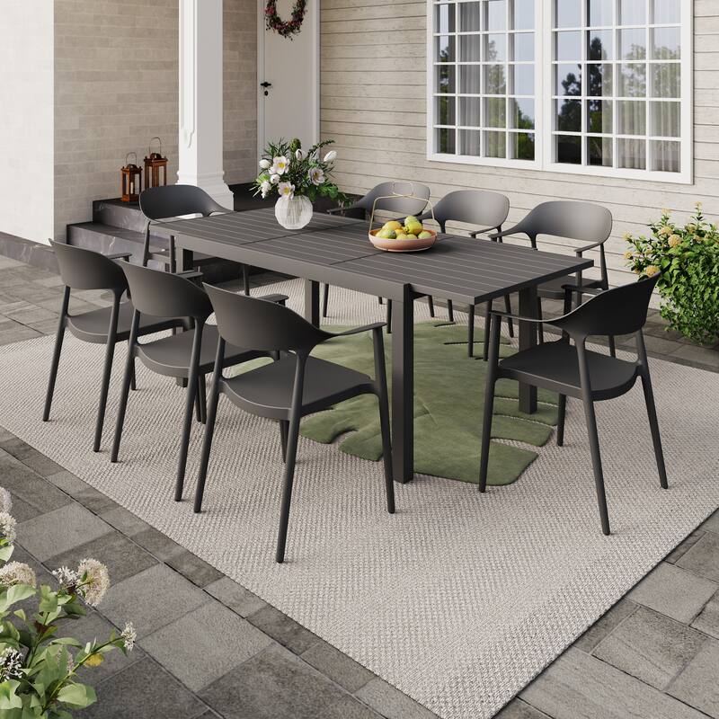 Outdoor Dining Set 9-Piece Stackable Plastic Lightweight Curved Backrest Armchair and Extendable Dining Table