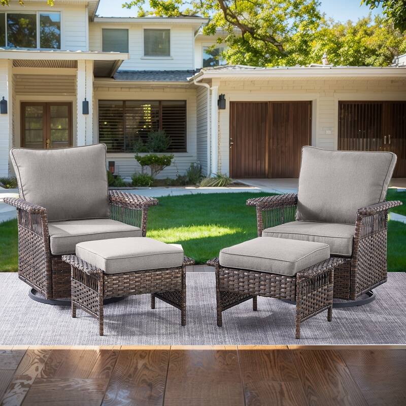 Pocassy Outdoor Swivel Chairs with Sofa Chair Ottoman and Table Set - Brown Wicker Gray Cushion - 4-Piece Swivel Chair with Ottoman