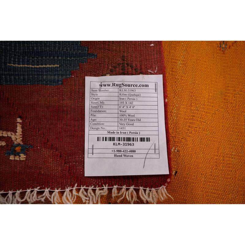 Vegetable Dye Kilim Qashqai Persian Vintage Rug Flatweave Wool Carpet - 4'8" X 6'4"