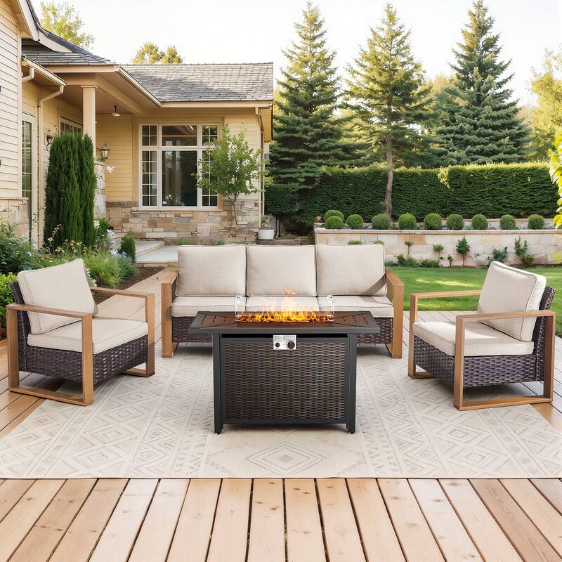 Meyreso Wicker Patio Conversation Set with Metal Fire Pit Table & Olefin Cushions