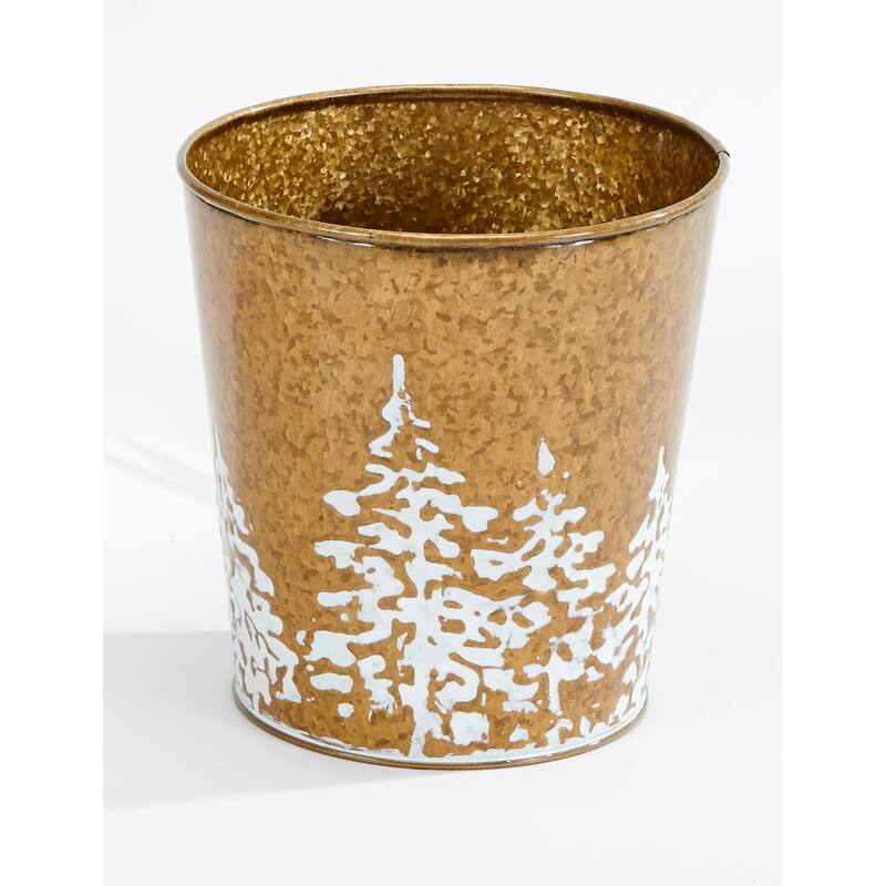Gold Galvanized Metal Christmas Planter Bucket with Tree Design, 7.5" Height, 7" Diameter, Set of 2 - 7.5