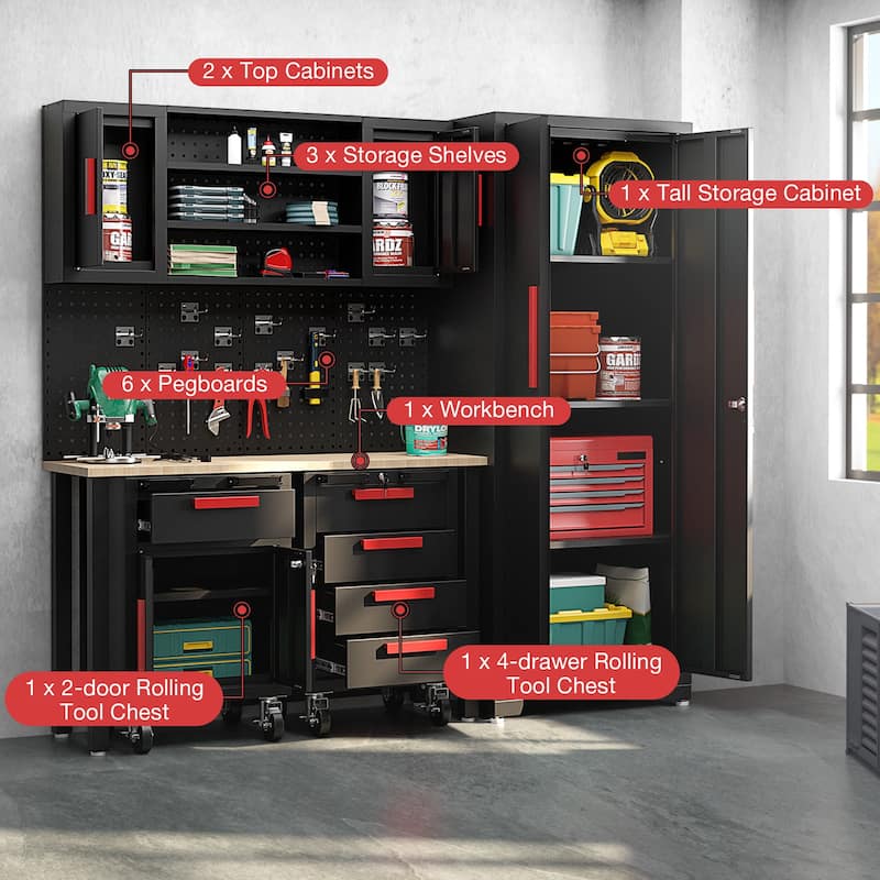 Costway 6PCS Garage Cabinets and Storage System Set with Pegboard & - See Details