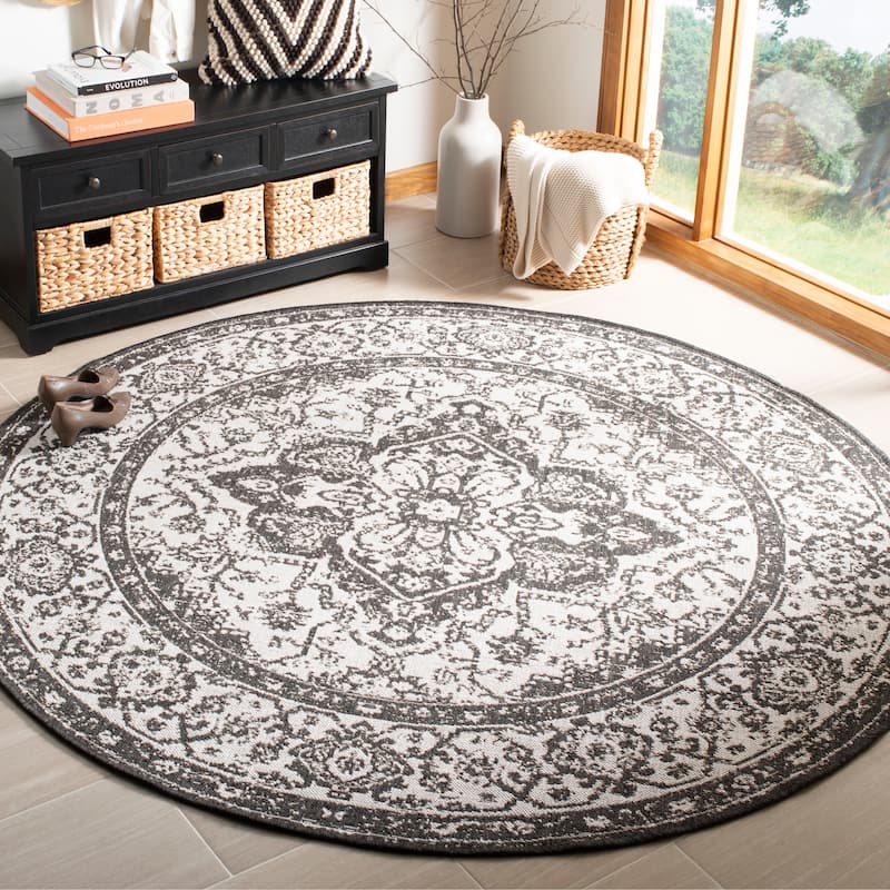 SAFAVIEH Linden Louann Indoor/ Outdoor Waterproof Patio Backyard Rug - 4' Round - Light Grey/Charcoal