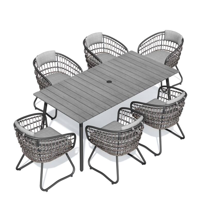 Outdoor Patio Rectangular Aluminum Dining Table Set with Umbrella Hole with Rattan Chair