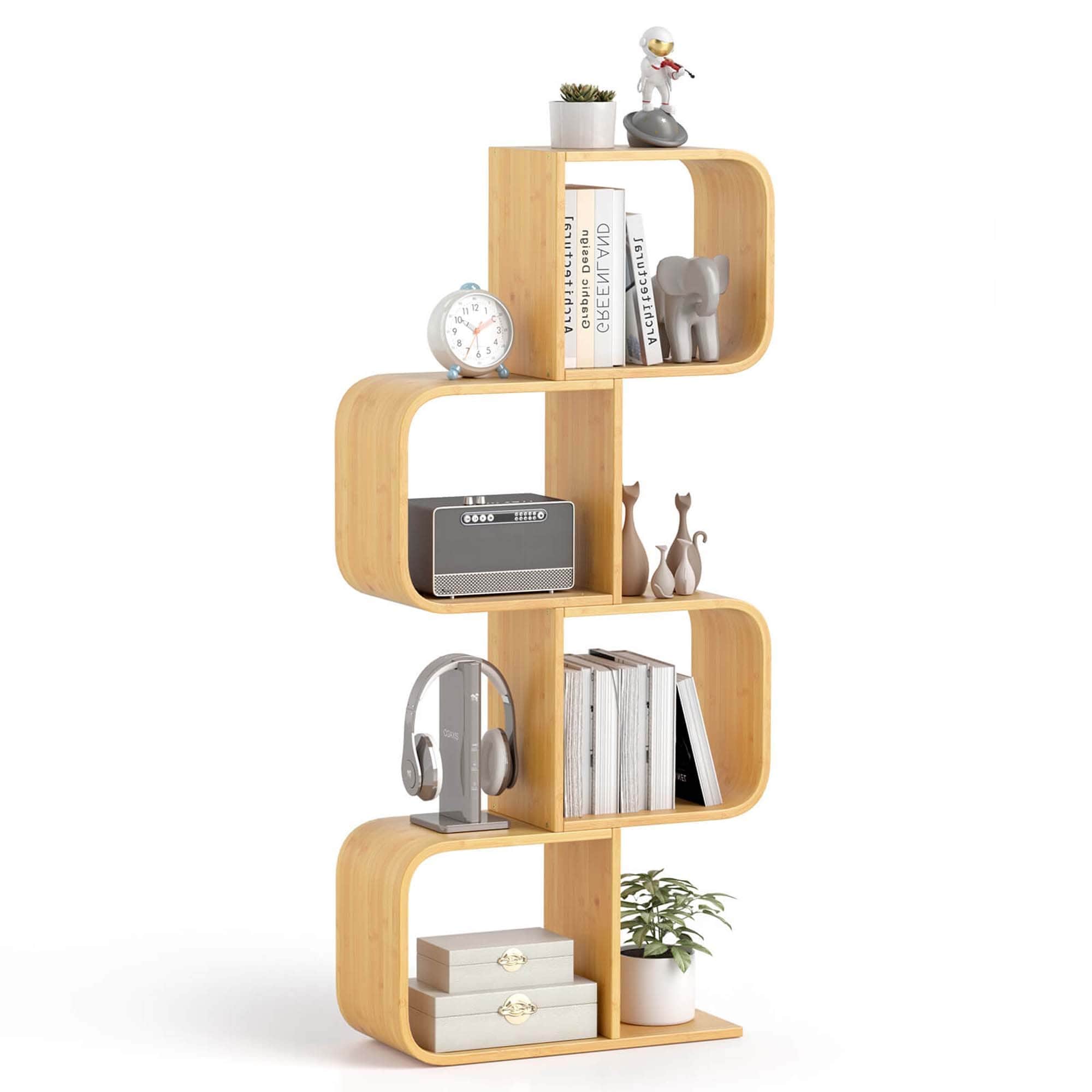 1/2 PCS Bamboo Geometric Bookshelf 4-Tier S-Shaped Bookcase