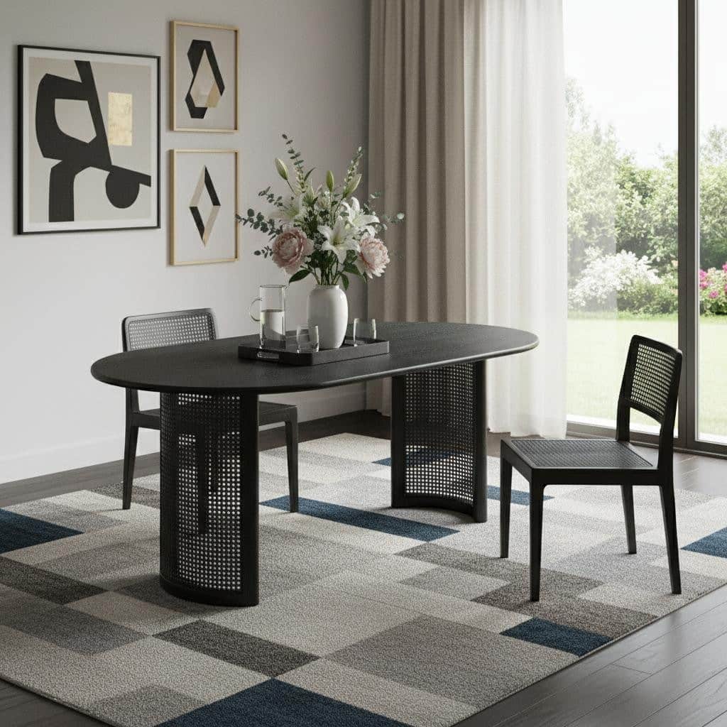 HomeRoots 79" Black Solid Wood Double Pedestal Base Oval Dining Table - 79.00 in. x 30.00 in. x 33.50 in.