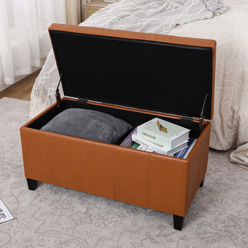 Adeco Rectangular Storage Ottoman Faux Leather Bench Lift-top Footrest