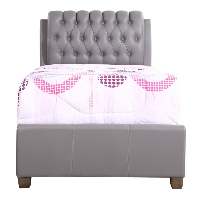 Twin Bed with Padded Headboard - Light Grey Faux Leather Platform Bed Frame for Bedroom