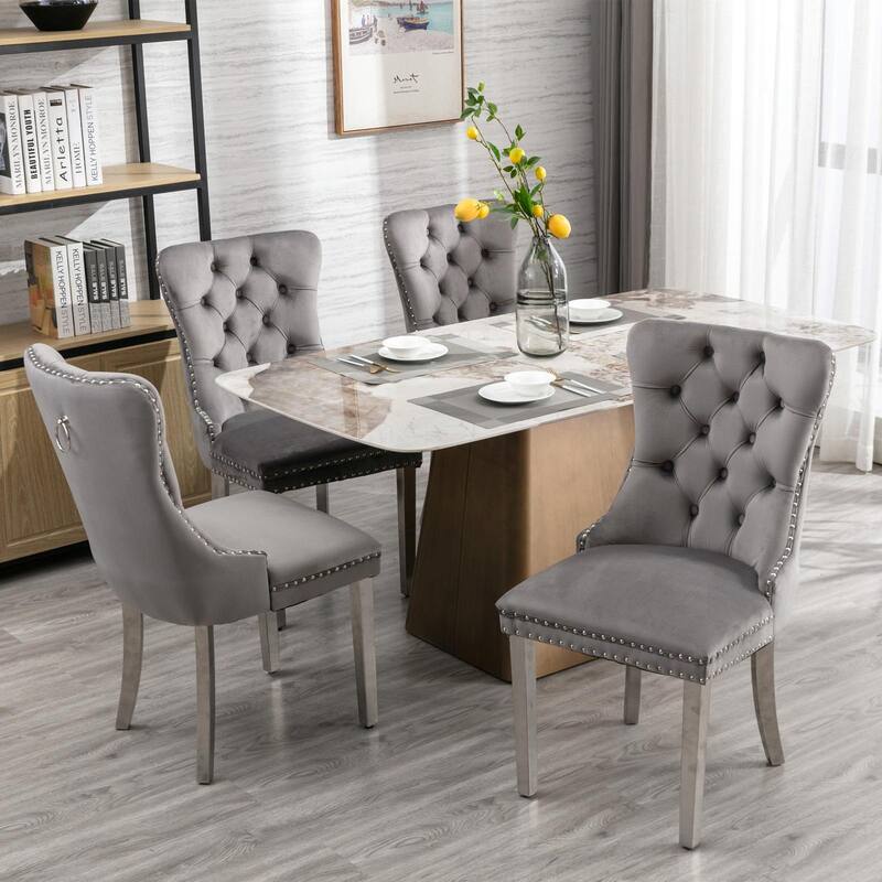 Tufted Velvet Dining Chairs - Solid Wood - Golden Stainless Steel Legs - Nailhead Trim - Set of 2