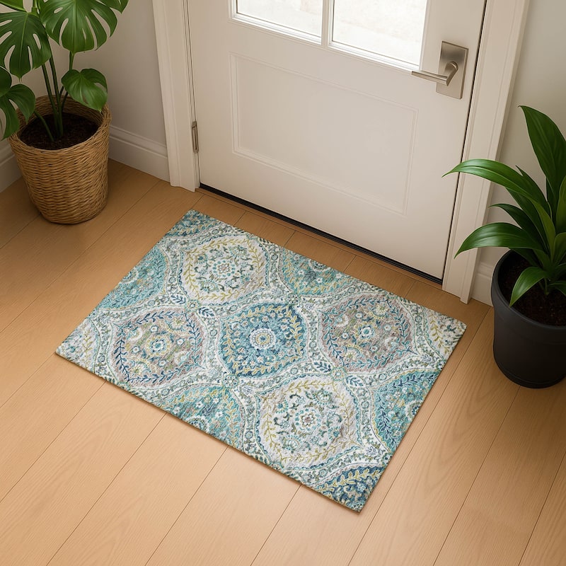 Premium Washable Super Soft Traditional Global Mayfield Rug - Teal - 1'8" x 2'6"