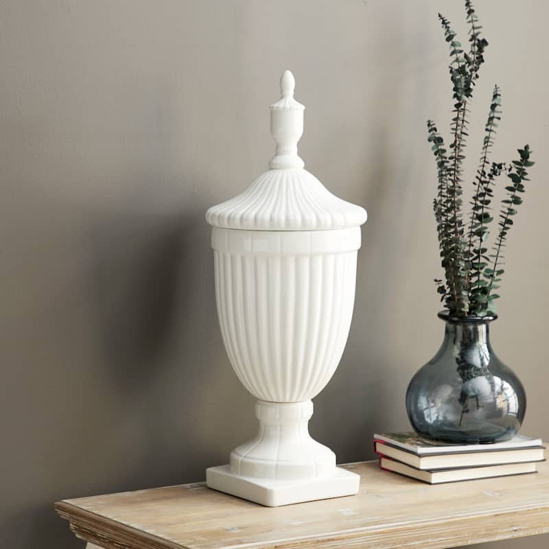 White Ceramic Tall Fluted Urn Living Room Decorative Jars with Grooves and Lid - White - 10"W, 26"H