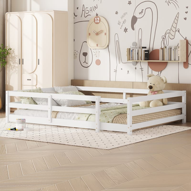 Toddler Montessori Bed Kids Floor Bed Frame with Fences, No Slats Wood Frame Bed for Kids Girls Boys Children's Room