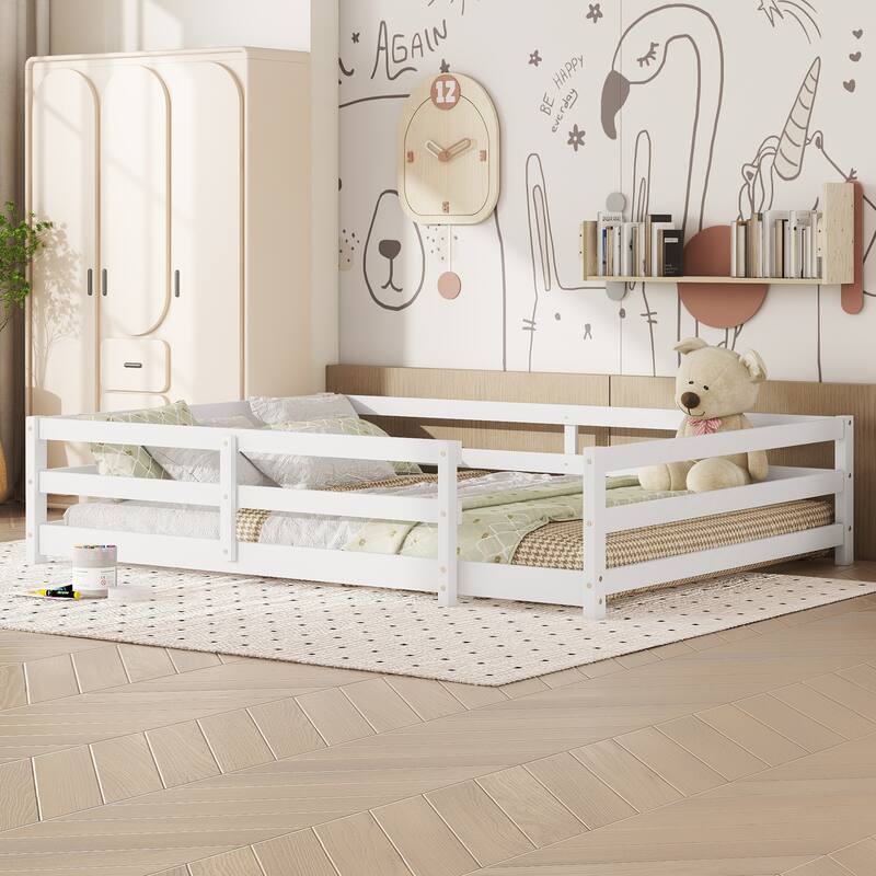 Twin/Full Montessori Floor Bed with Safety Fence - Wood Kids Floor Bed for Boys & Girls