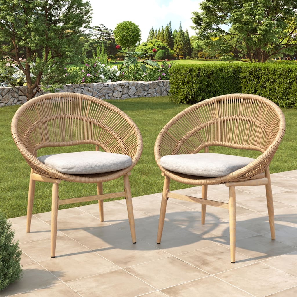 Roomfitters Cyril Outdoor Wicker Papasan Dining Chairs with Teak Finish Legs, Light Brown and Beige