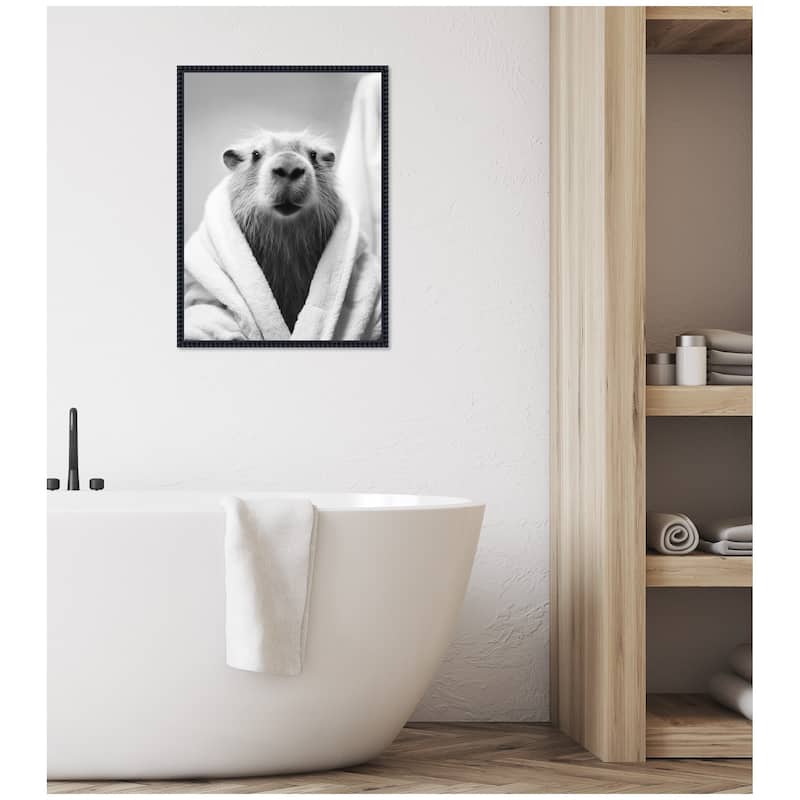 Kate and Laurel Sylvie Capybara Bathroom Art Towel Robe Black and White Framed Canvas by The Creative Bunch Studio