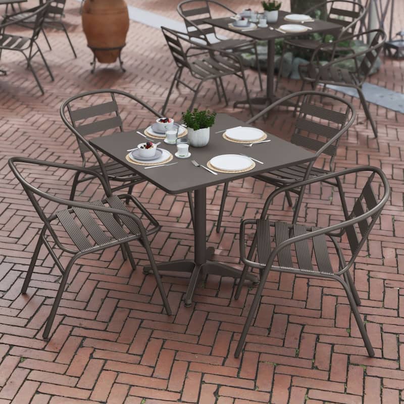 31.5" Square Aluminum Indoor-Outdoor Table Set with 4 Slat Back Chairs