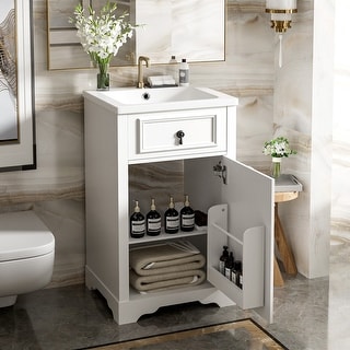 20 Inch Bathroom Vanity With Ceramic Sink – Green Finish, Adjustable Shelf, Door & Drawer Storage For Small Bathrooms