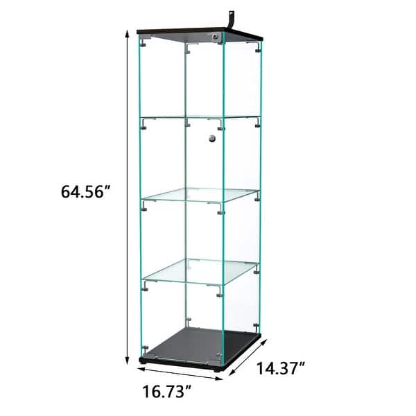dimension image slide 14 of 24, Glass Display Cabinet with Doors & Locks, Acrylic Shelves, Floor Standing Storage Showcase for Home or Office