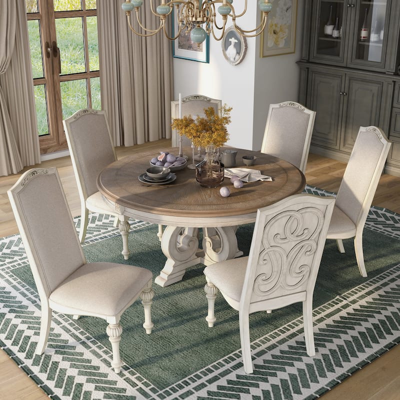 Caelum Farmhouse White Fabric Upholstered 7-Piece Round Dining Set By The Gray Barn