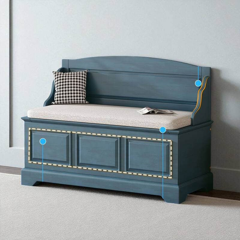 Retro Wooden Shoe Storage Bench with Linen Cushion, Safe Soft-Close Lift Top & Hidden Compartments for Entryway or Hallway